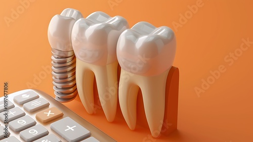 Dental teeth implant over calculator for hospital expenses on blank orange background