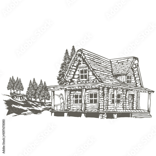 wooden house sketch vector illustration.