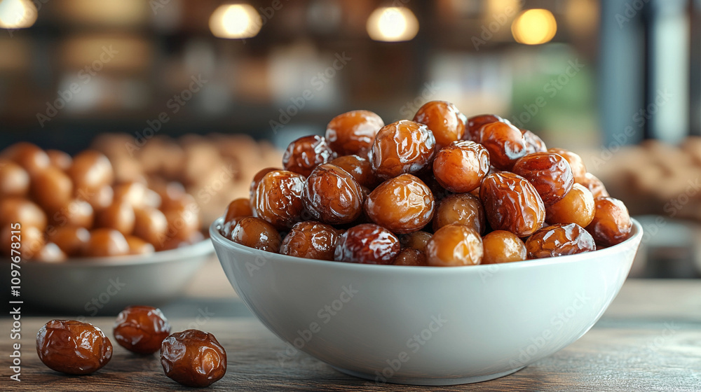 bowl filled with fresh dates placed on a clean white kitchen countertop symbolizing nourishment, health, and abundance in a modern home setting bowl filled with fresh dates placed on a clean white kitchen countertop symbolizing nourishment, health, and abundance in a modern home setting