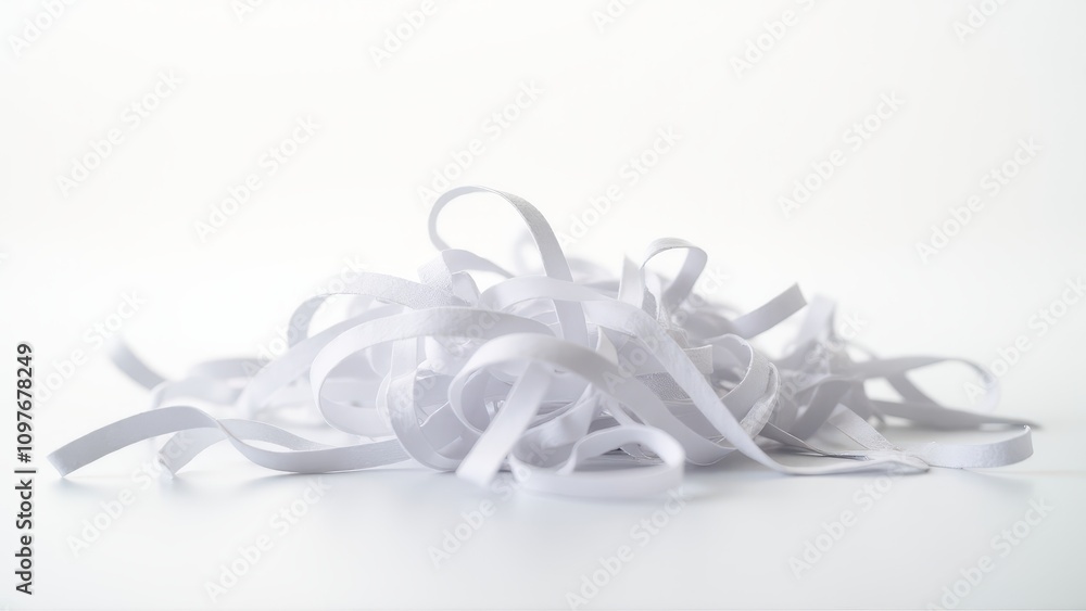 Naklejka premium Shredder for document security. White paper strips curl atop a shredder’s open bin, set against a soft-focus white background, conveying office organization. 