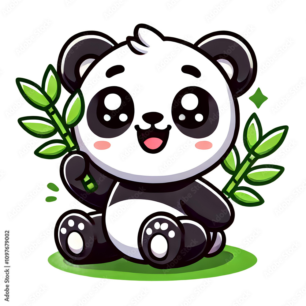 A cheerful cartoon panda holding bamboo, sitting on grass with a bright and happy expression. A cheerful cartoon panda holding bamboo, sitting on grass with a bright and happy expression.