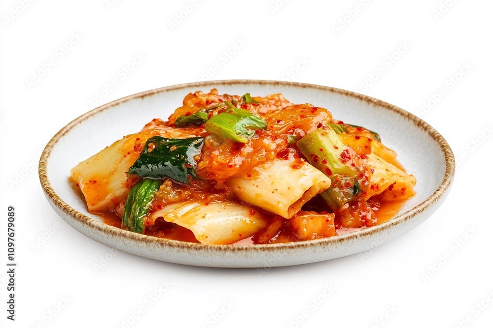 Vibrant and Flavorful Korean Kimchi Dish on Plate,Isolated on White Background Vibrant and Flavorful Korean Kimchi Dish on Plate,Isolated on White Background