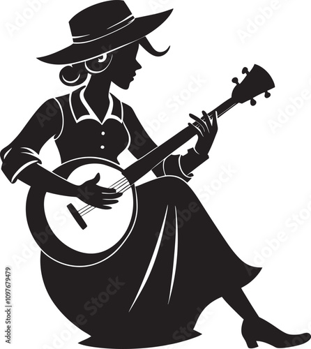 Hillbilly Banjo Player Silhouette Illustration - Modern Vector