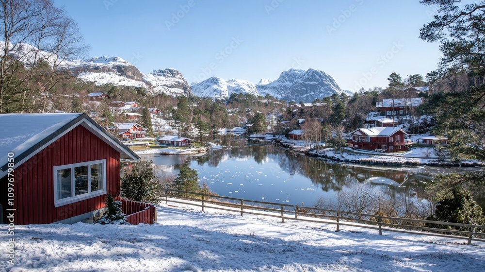 Naklejka premium Scenic Winter Village Snow Covered Red Houses Mountain Lake Norway