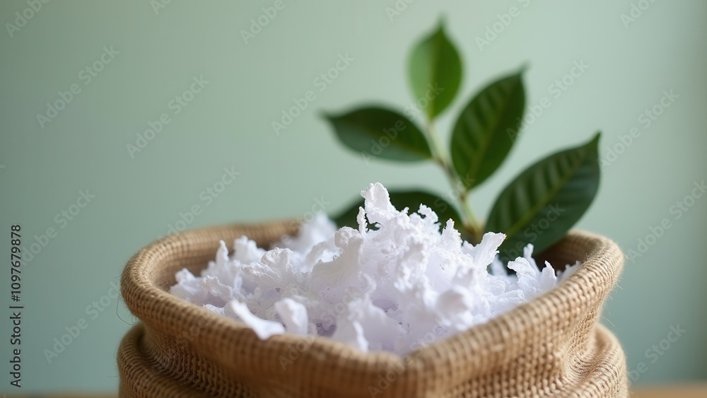 Shredder for document security. A burlap sack filled with shredded white paper sits on a table, adorned with a green leafy plant in the background. Shredder for document security. A burlap sack filled with shredded white paper sits on a table, adorned with a green leafy plant in the background.