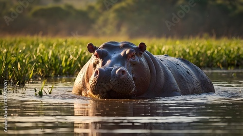 Hippopotamus basking in shallow water among green grass in a serene natural habitat at sunrise