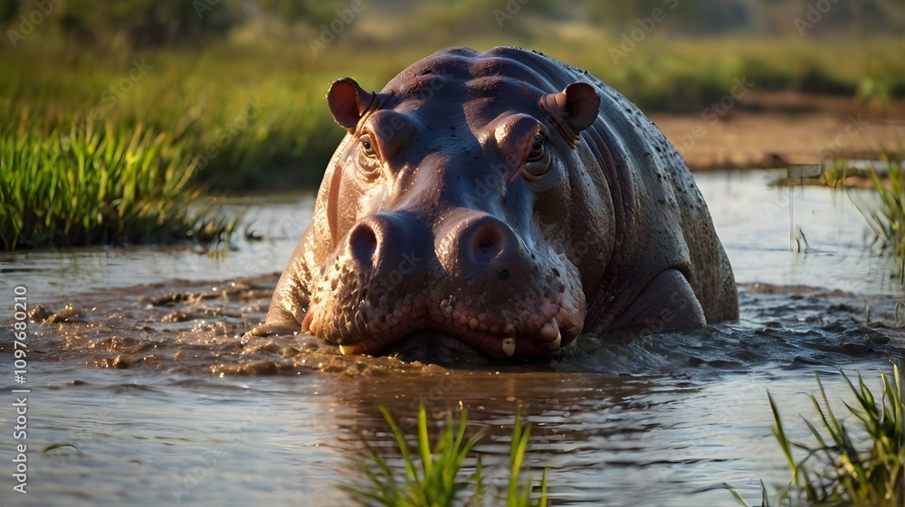 Hippopotamus basking in shallow water among green grass in a serene natural habitat at sunrise Hippopotamus basking in shallow water among green grass in a serene natural habitat at sunrise