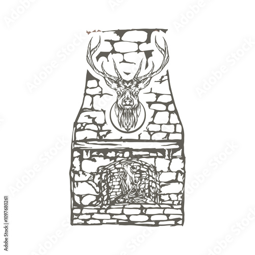 fireplace sketch illustration with deer head.