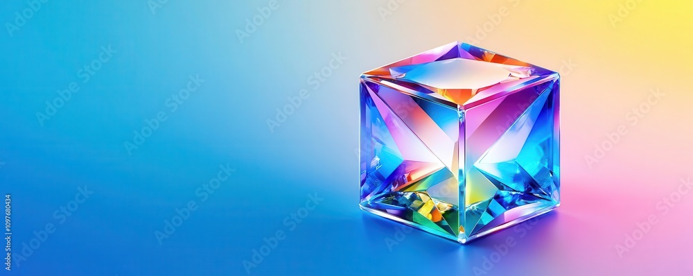 Isometric view of a gemstone cube, precise symmetry with vibrant reflections, premium futuristic design