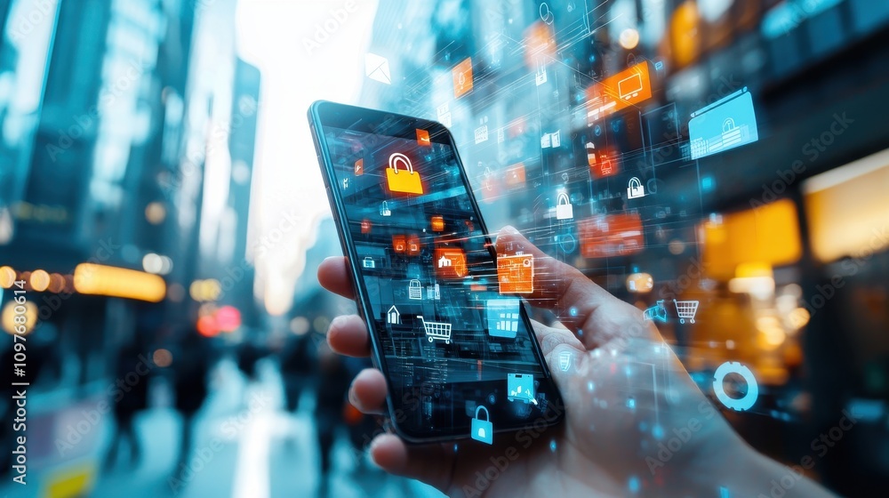 Modern Technology and Data Security Concept with Smartphone in City