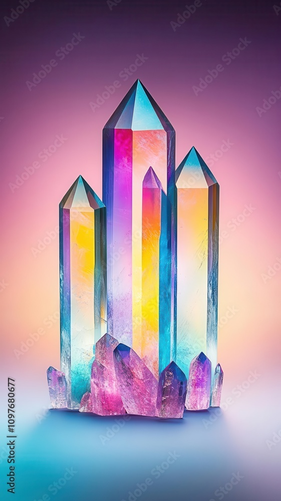 Artistic arrangement of geometric crystal shapes, perfect symmetry, and luminous multicolored textures Artistic arrangement of geometric crystal shapes, perfect symmetry, and luminous multicolored textures