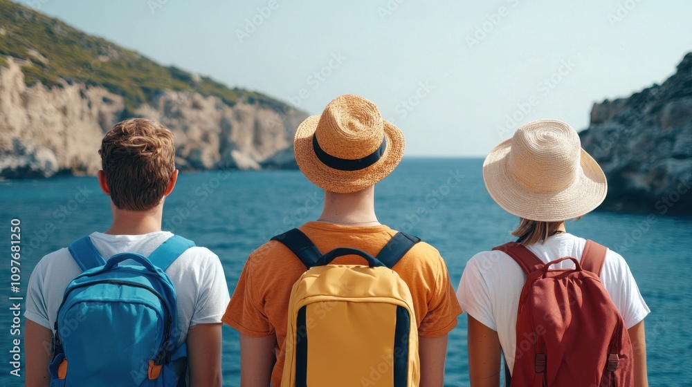 Fototapeta premium Travel restrictions protect global health. Three travelers stand by the sea, gazing at the horizon in sunny weather, each wearing vibrant backpacks and straw hats against a scenic coastal backdrop.