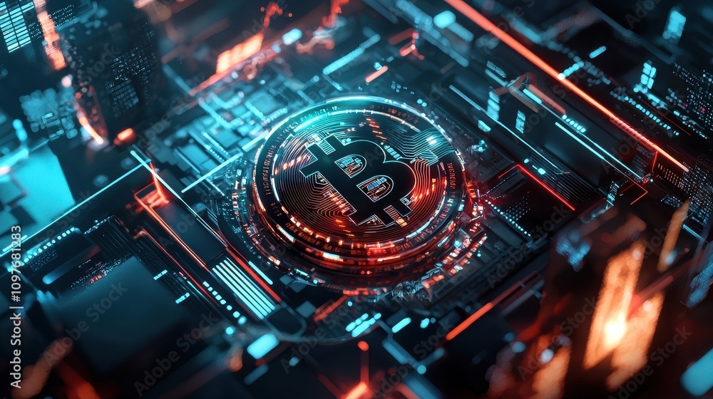 Fototapeta premium Futuristic Bitcoin Cryptocurrency Concept with Neon Circuitry Design