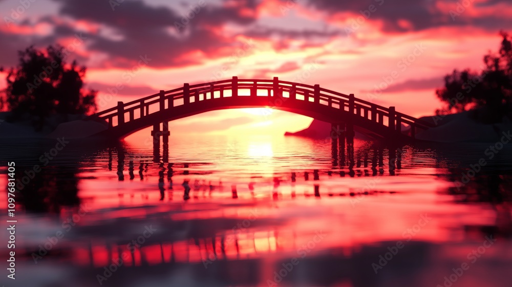 Naklejka premium Minimalist bridge silhouette over calm waters at sunset. 