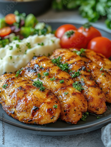 delicious homemade schnitzel on a plate, surrounded by fresh salad and a side of mashed potatoes. AI generative.