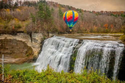 letchworth park in fall with hot air balloon