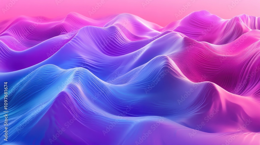 Fototapeta premium Abstract landscape of undulating waves in vibrant pink and blue tones, creating a serene and dreamlike atmosphere.