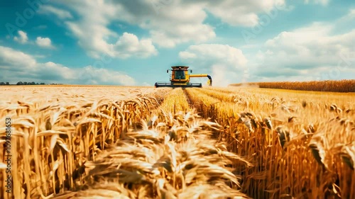 A golden field of wheat with a combine harvester working under a bright blue sky filled with clouds. A perfect agricultural scene.