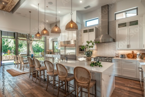 Luxurious kitchen with white cabinets, island, pendant lights, and stunning hardwood floors.