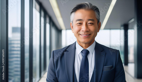 A portrait of a successful senior asian businessman consultant, confidently looking at the camera and smiling, standing inside a modern office building