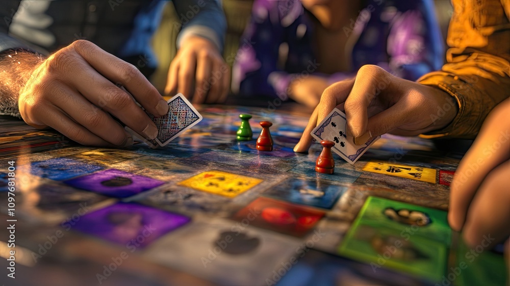Close-up of diverse hands playing a colorful board game, capturing the excitement and interaction during gameplay. Close-up of diverse hands playing a colorful board game, capturing the excitement and interaction during gameplay.