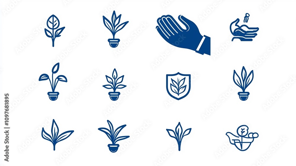 Fototapeta premium Set of 15 linear minimalist icons depicting various plant growth and gardening elements such as leaves sprouts buds potted plants and hands in a clean editable design