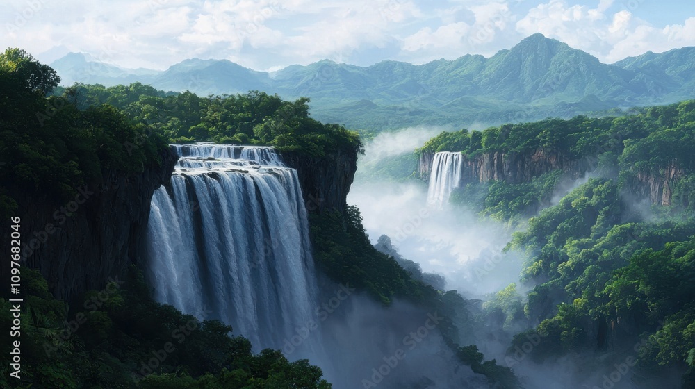 Fototapeta premium Majestic waterfall cascades down cliffside lush forest scenic view nature