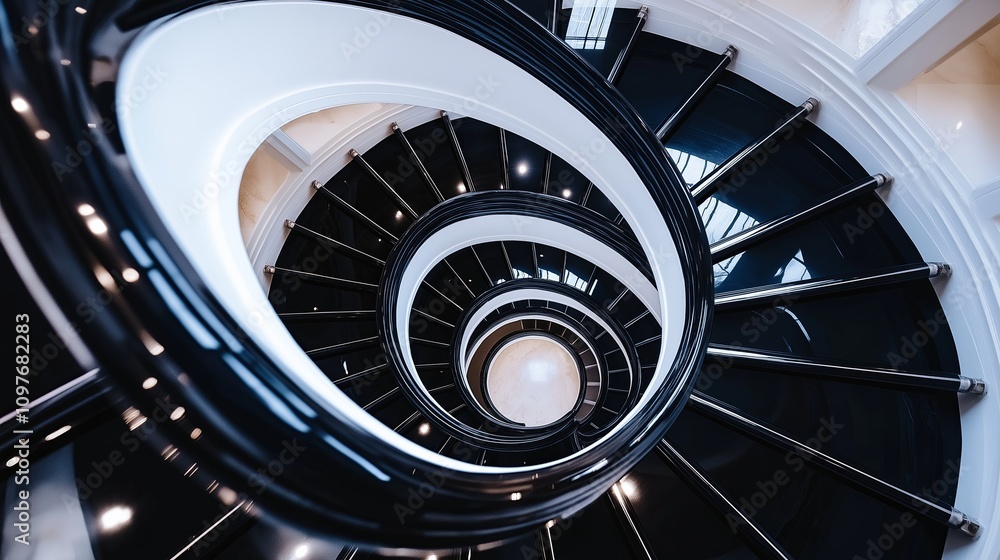 Fototapeta premium Minimalist spiral staircase shot from above, creating a hypnotic swirl