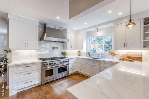 Bright white kitchen with stainless steel appliances, quartz countertops, and hardwood floors.