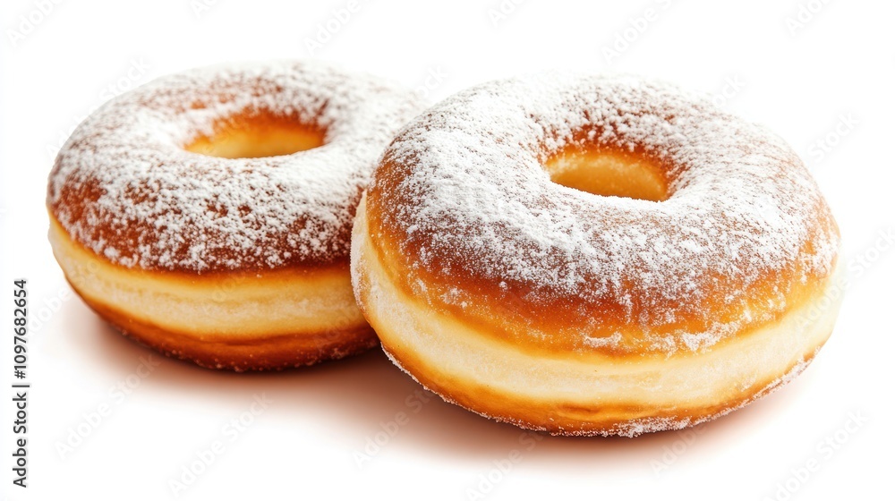 Two powdered sugar-covered donuts on a white background. Two powdered sugar-covered donuts on a white background.
