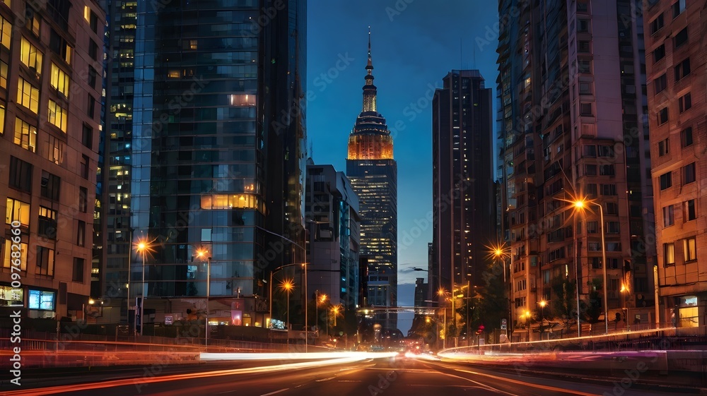 Fototapeta premium City skyline displaying modern architecture and vibrant lights during sunset in an urban setting