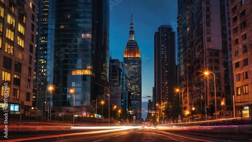 City skyline displaying modern architecture and vibrant lights during sunset in an urban setting