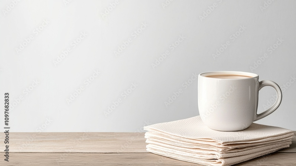 A white coffee cup sits on top of a stack of white napkins A white coffee cup sits on top of a stack of white napkins