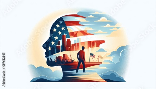 Conceptual illustration of an immigrant torn between two worlds, showcasing a silhouette with American flag and cityscape