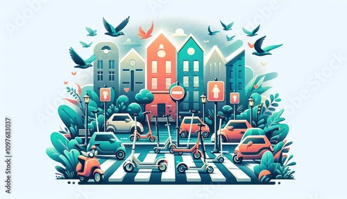 Illustration of urban congestion with scooters and cars on a busy sidewalk, concept of modern city life and micro-mobility challenges