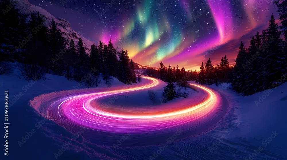 Winter Aurora Road outdoor landscape illustration poster background Winter Aurora Road outdoor landscape illustration poster background