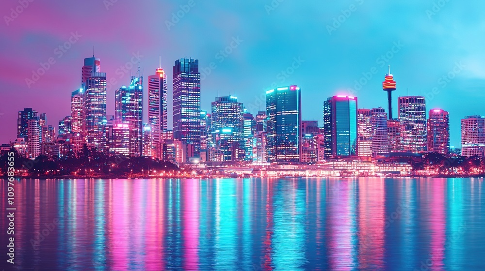 Obraz premium A city skyline with iconic landmarks illuminated in vibrant hues during nighttime.