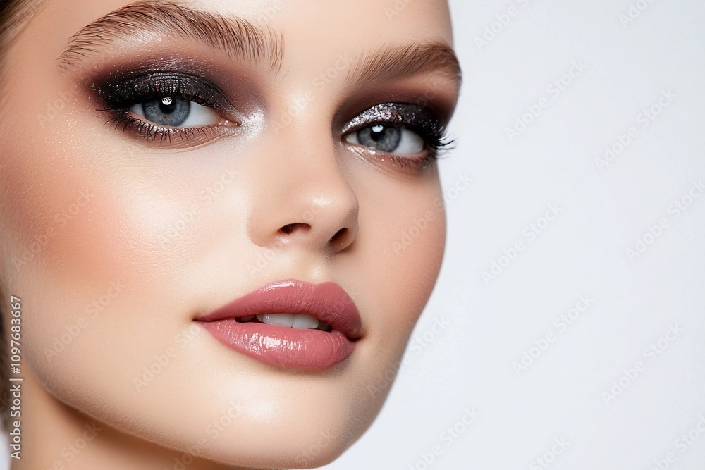 Striking Close-up of Serene and Luminous Female Model with Bold Makeup Accentuating Elegant,Timeless Complexion Striking Close-up of Serene and Luminous Female Model with Bold Makeup Accentuating Elegant,Timeless Complexion