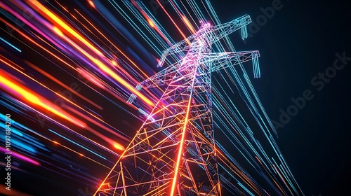 Towering metallic transmission structures emitting glowing electrical cables and a vibrant upward arrow of luminous streaks against a deep black background creating a dynamic