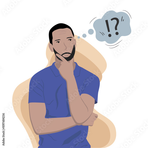 Vector Illustration of a man thinking or wondering seriously about something with thinking bubble to his side