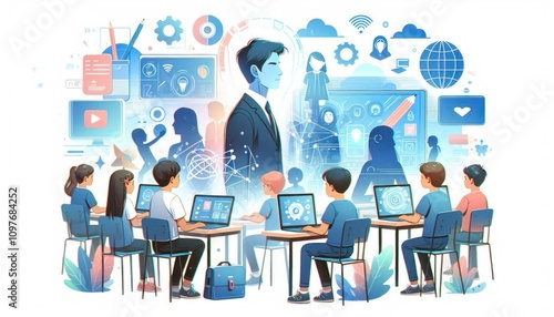 Digital citizenship education for kids in modern classroom with netiquette learning and technological tools