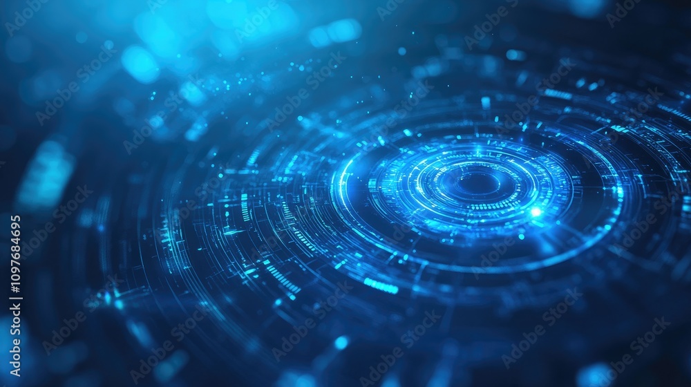 Abstract blue technology background featuring a circular design with glowing digital elements. Abstract blue technology background featuring a circular design with glowing digital elements.