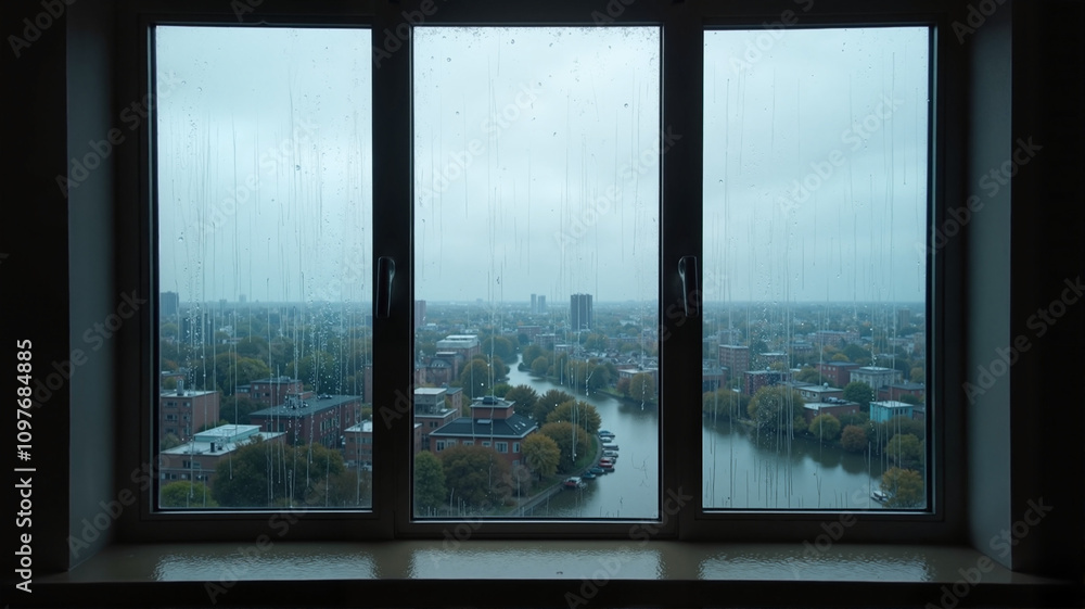 Fototapeta premium Rainy city view through a large window on a gloomy day