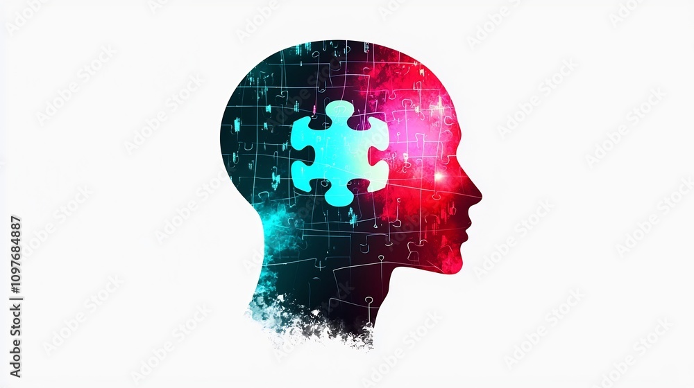 Vibrant glowing puzzle piece embedded in a human head symbolizing the search for mental health solutions and breakthroughs set against a minimalist white background Vibrant glowing puzzle piece embedded in a human head symbolizing the search for mental health solutions and breakthroughs set against a minimalist white background