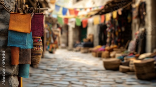 Vibrant Market Scene with Colorful Textiles and Artifacts in an Ancient Stone Street Creating a Lively Atmosphere of Culture and Craftsmanship