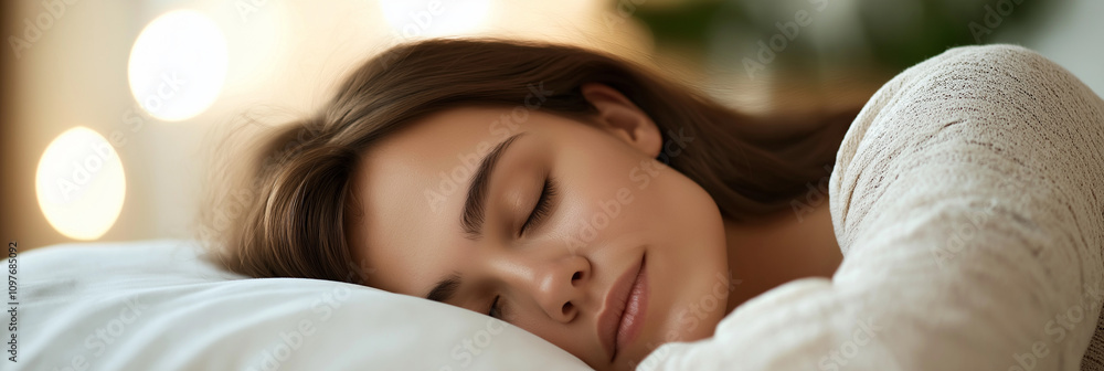 A young woman is peacefully asleep on a soft pillow, with a serene expression, surrounded by a calming ambiance and soft lighting in the background. A young woman is peacefully asleep on a soft pillow, with a serene expression, surrounded by a calming ambiance and soft lighting in the background.