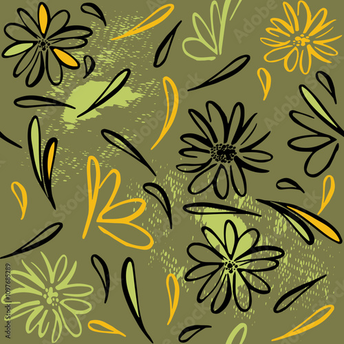 Sunflowers hand-drawn, Seamless pattern of abstract black and white leaf shapes. pattern seamless flower, Sunflowers in a seamless pattern. Orange sunflower in monochrome colors, seamless grunge textu