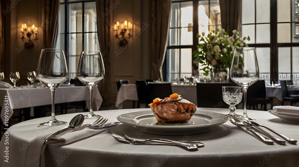 Elegant restaurant setting with a gourmet dish served on a table during dinner time Elegant restaurant setting with a gourmet dish served on a table during dinner time