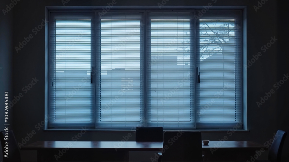 Closed blinds in a dimly lit room creating a moody ambiance Closed blinds in a dimly lit room creating a moody ambiance
