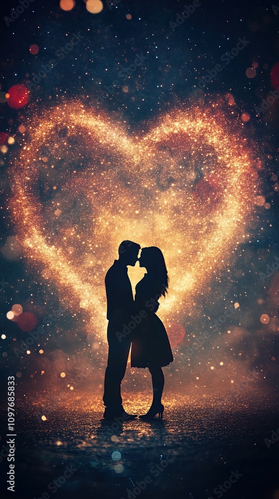 Romantic couple silhouette embracing in front of glowing heart for valentine's day design Romantic couple silhouette embracing in front of glowing heart for valentine's day design